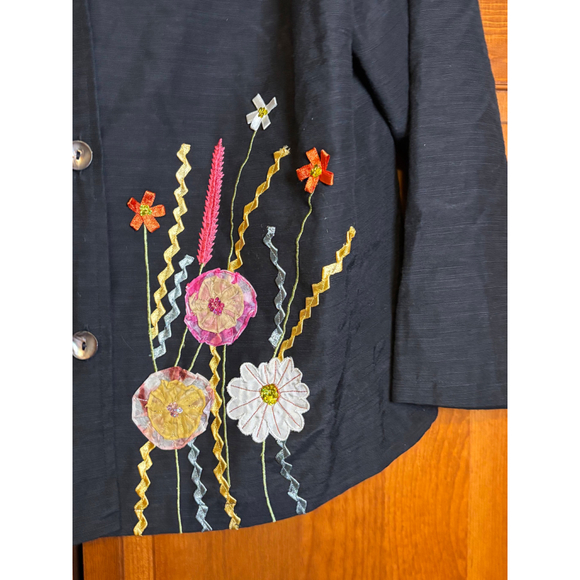 Indigo Moon Blazer Floral Appliqué Embroidery Art Button Front Multicolor W 1X - Picture 7 of 16